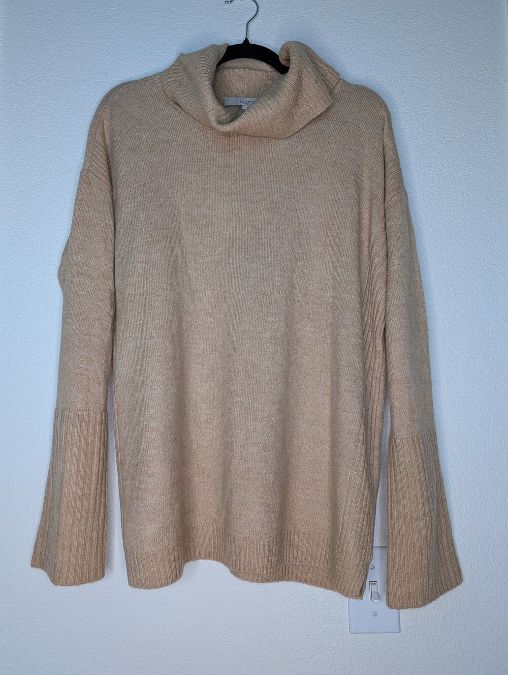 LOFT NWT Women's Ribbed Mockneck Sweater M Tan Bell Sleeves Cottagecore Soft